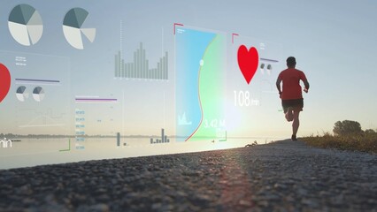 Health Diagrams and Heart Rate Graphics on Man Running by River. Low Angle