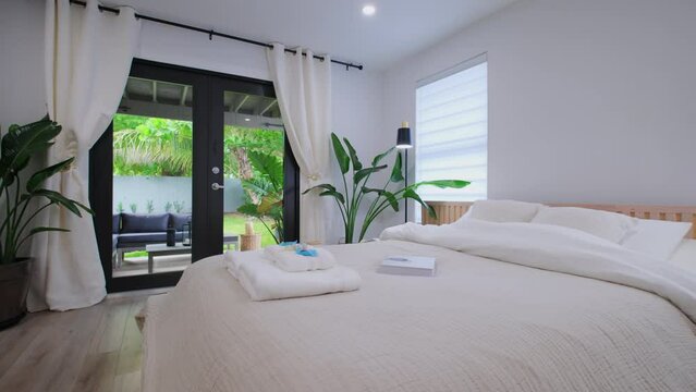 Elements of Modern Luxurious Interior bedrooms Design in a newly house, move camera wide footage