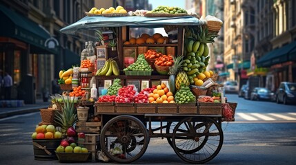 A street vendor's cart with fresh fruits and snacks, adding a burst of color to a busy urban...