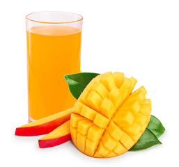 Mango juice and fruit with leaves isolated on white background close-up