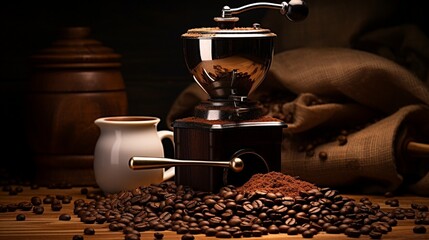 A stylish coffee grinder with a pile of freshly ground coffee beans. - obrazy, fototapety, plakaty