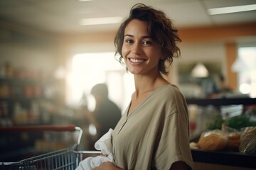A woman goes to the grocery store to buy food for dinner. - obrazy, fototapety, plakaty