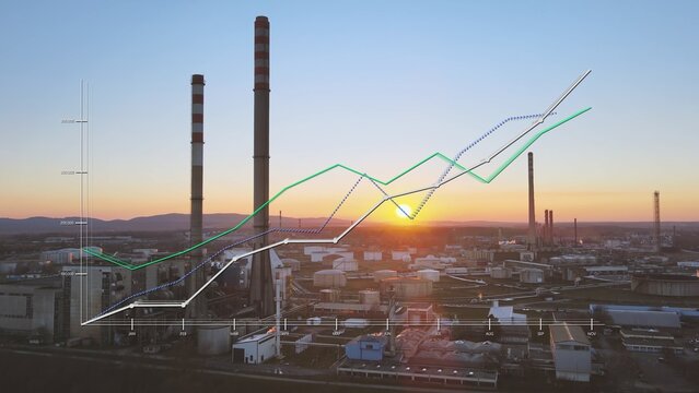 Large oil refinery at sunset with digital overlay of statistic graph with positive course development. Stock market concept industry background