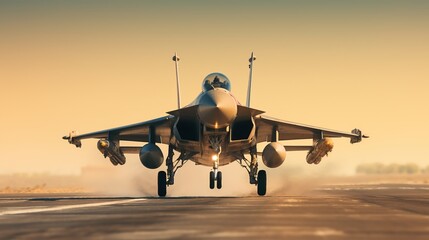 Combat military fighter rapidly takes off at high speed from the runway, for tracking and hitting a target with copy space - obrazy, fototapety, plakaty