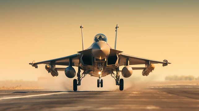 Combat military fighter rapidly takes off at high speed from the runway, for tracking and hitting a target with copy space