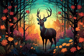 an illustration of a deer standing in the woods a forest Generative AI