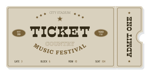 Universal ticket template in vintage style in light background. For concerts, festivals, parties, movies and other events. For web and printing.