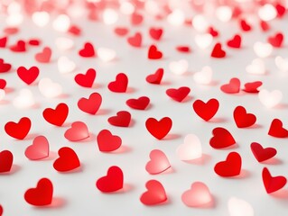 White surface covered with multiple red and pink heart shaped paper confetti as a romantic background composition