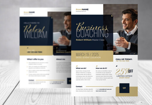 Business Coaching Flyer Template with Blue and Gold Accents