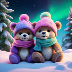 winter graphic of a teddy bear in pastel hats on the background of the Aurora Borealis