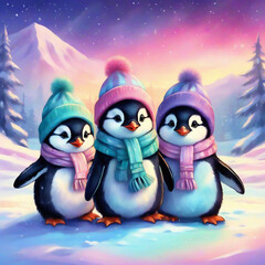 winter graphic penguins in pastel hats on the background of the Aurora Borealis