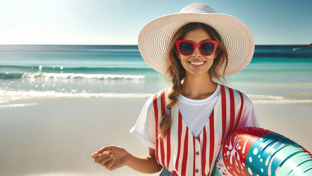 A radiant young woman enjoys a quintessential summer day at the beach, dressed in a red and white striped top with a wide brimmed sun hat and red sunglasses, embodying the season's trends. 