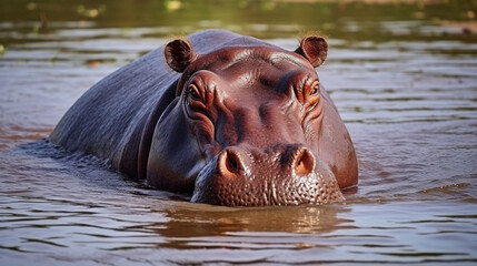 The common hippopotamus, Hippopotamus amphibius, or hippo large, mostly herbivorous. generative ai