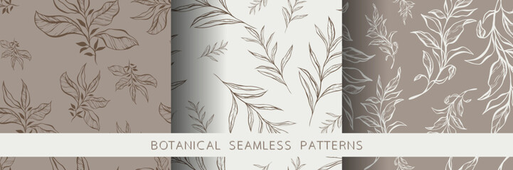 Seamless pattern set with hand drawn leaves and branches. Perfect for wallpaper, wrapping paper, web sites, background, social media, blog, presentation and greeting cards.