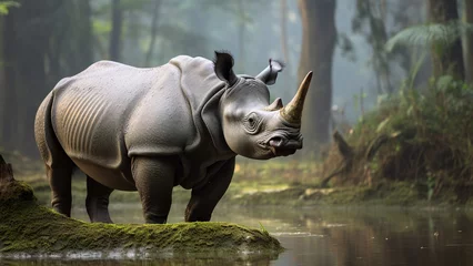 Fotobehang The Javan rhinoceros or the Javan rhino, Sunda rhinoceros lesser one horned rhinoceros generative ai © Witri