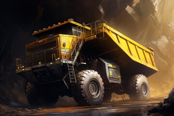 Open pit mine industry, big yellow mining truck for coal anthracite - obrazy, fototapety, plakaty