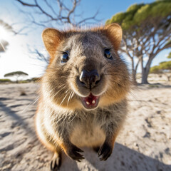 Smiling quokka posing for the camera on the beach. Quokka the happiest animal on Earth generative ai