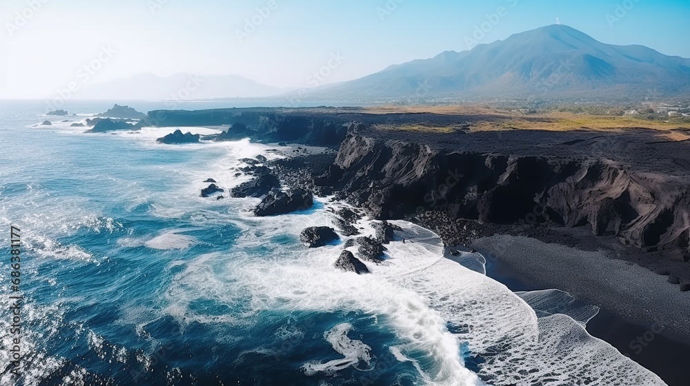 Poster panorama of black volcanic beach. aerial view and top view. beautiful natural backdrop