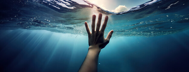 Drowning person, man, reaching out for help. Panorama with copy space. Human hand underwater.