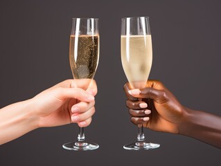 AI-generated illustration of two people's hands holding up two glasses of champagne as in a toast. MidJourney.