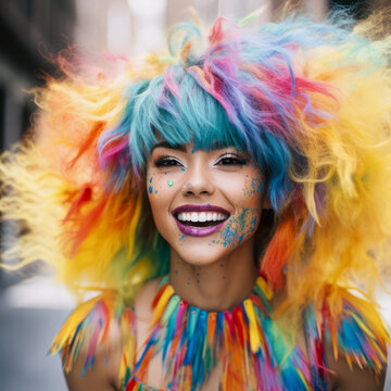 Modern hipster fashion girls with colorful hair on vivid background, bright psychedelic colorful colors.