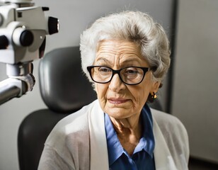 An elderly woman at an appointment with an ophthalmologist - obrazy, fototapety, plakaty