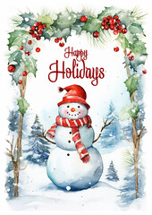 A watercolor snowman Christmas card, Happy Holidays
