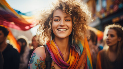 
An attractive girl participates in the traditional Pride parade, proudly holding a vibrant rainbow flag that gleams on her.