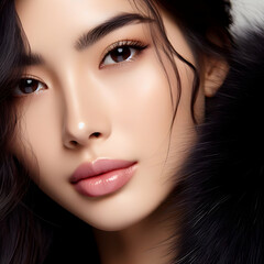 A Closeup Picture of a Asian Woman Face, Wearing Black Fur