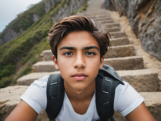 Dark Hair Boy in White T-Shirt and Backpack Sitting on Steps Leading up a Mountain