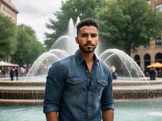 Handsome Latino Man in Jean Jacket Outside by a Water Fountain in a City