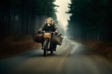 A stern brown bear rides a motorcycle with many bags along a country road in a coniferous forest on a cloudy day
