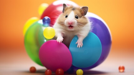 Fototapeta na wymiar A tiny hamster rolling around happily in a colorful exercise ball.