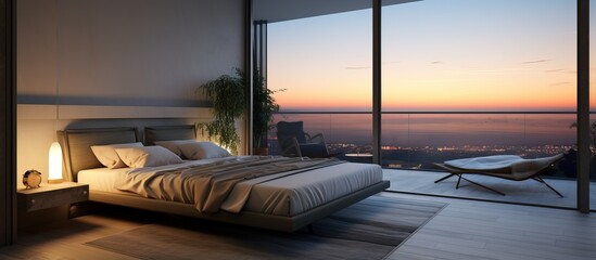 Contemporary bedroom with balcony offering luxury - obrazy, fototapety, plakaty