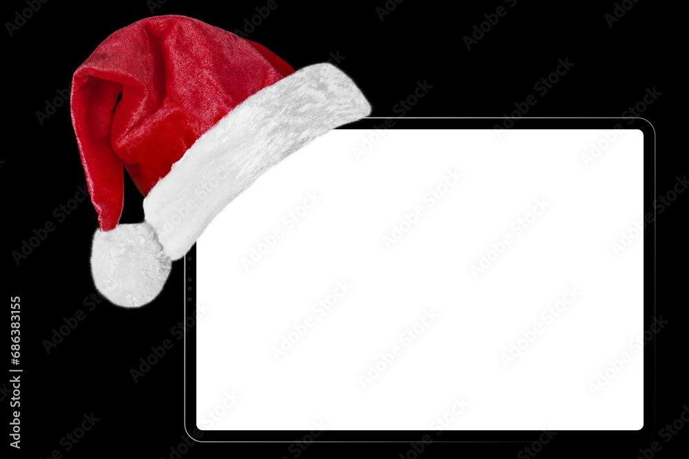 Wall mural a christmas equipment in a santa hat on a black background