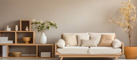 Beige and Japandi styled living room at cozy apartment furnished with elegant accessories and modern home staging - obrazy, fototapety, plakaty