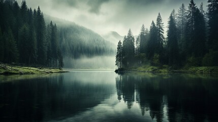A tranquil lake surrounded by dense forest, with mist rising from the water's surface and reflections of the trees.