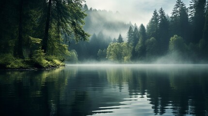 Fototapeta na wymiar A tranquil lake surrounded by dense forest, with mist rising from the water's surface and reflections of the trees.