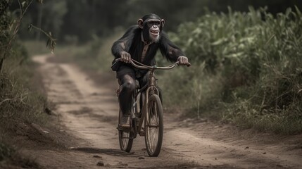 Chimpanzee monkey rides a bicycle on a dirt road. Chimp. Chimpanzee. Evolution Concept