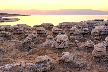 Dead Sea coast with stones covered by salt