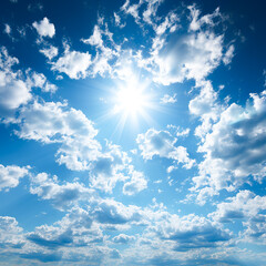 Naklejka na ściany i meble photo sun between clouds, Sky with white fluffy clouds