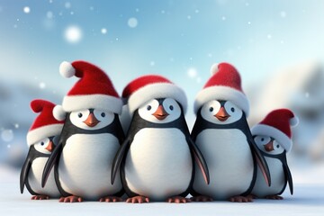 Cute Cartoon Illustration of Penguins wearing Santa Hats on a Snowy Background - obrazy, fototapety, plakaty