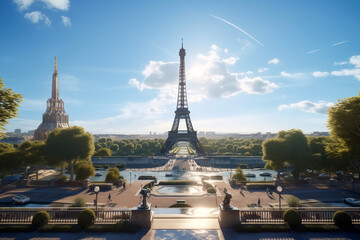 Fototapeta premium The Eiffel Tower in Paris, capital of France. Monument of the city of Paris. Magnificent view of the Eiffel Tower.