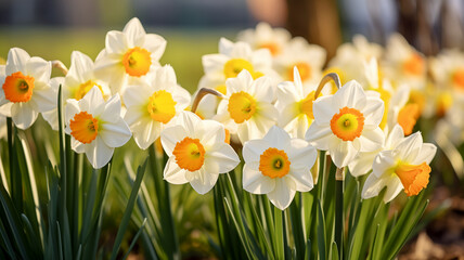 Obraz premium Spring flowers. Close up of daffodil flowers blooming in a garden