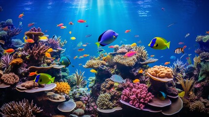 A vibrant aquarium filled with tropical fish swimming among coral reefs.