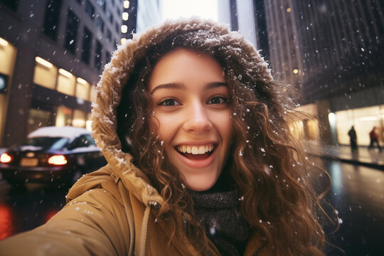 Young woman taking a close up selfie, on a bustling city street with skyscrapers, winter, snowflakes falling