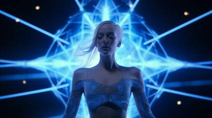 A woman wearing a futuristic outfit with blue lights illuminating her attire.