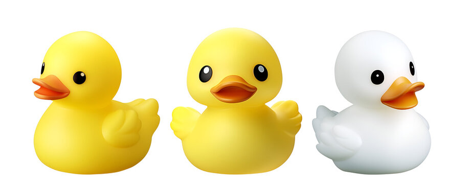 3D Rendered Banner of a Set of Cute Ducks: Kids’ Plastic Bath Toys in the Style of White and Yellow Ducks, Isolated on Transparent Background, PNG