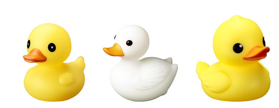 White and Yellow Duck Set in Plastic Bath Toy Style: A Cute 3D Rendering Banner for Children, Isolated on Transparent Background, PNG