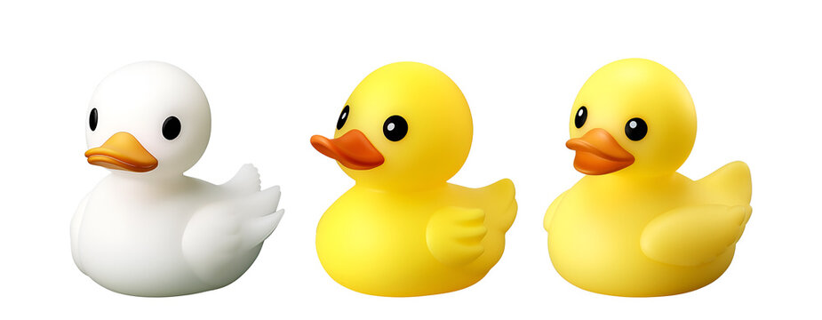 Children’s 3D Rendering Banner: A Set of Cute White and Yellow Ducks Styled as Plastic Bath Toys, Isolated on Transparent Background, PNG